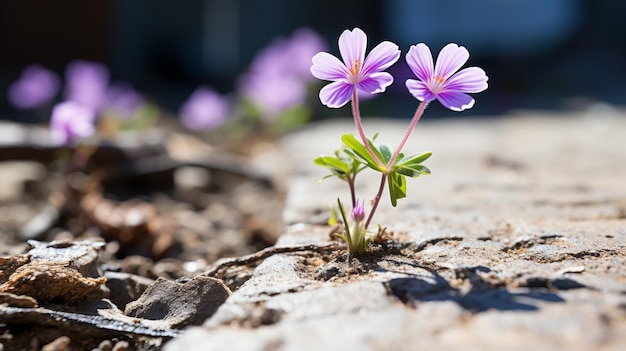 duas pequenas flores roxas crescendo em uma rachadura no chão