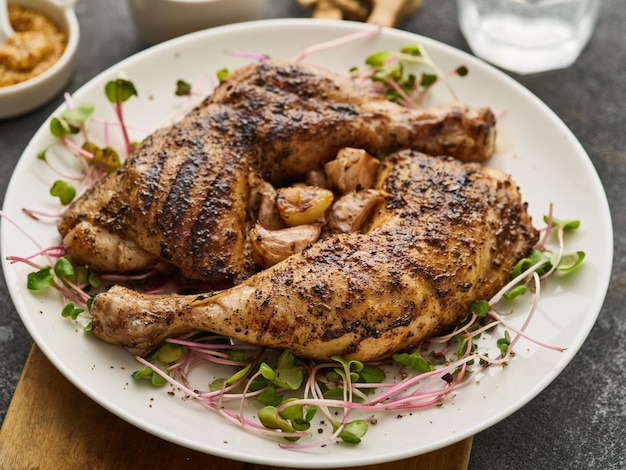 Duas pernas de frango grelhadas com alho em um prato branco