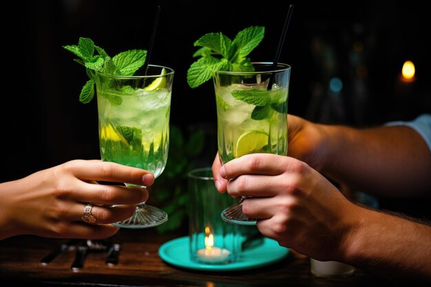 Foto duas pessoas a brindar com coquetéis de mojito num jantar.