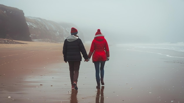 Duas pessoas a caminhar de mãos dadas numa praia