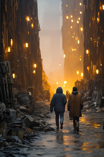 duas pessoas a caminhar por uma rua com luzes