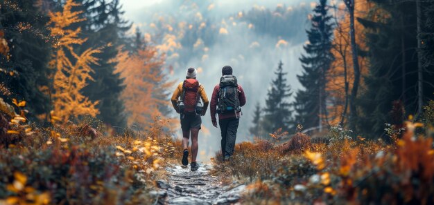 Duas pessoas a caminhar por uma trilha na floresta.