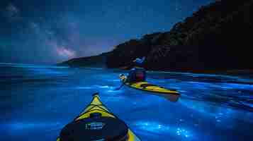 Foto duas pessoas a fazer caiaque no oceano à noite, a água é azul brilhante e o céu está cheio de estrelas.