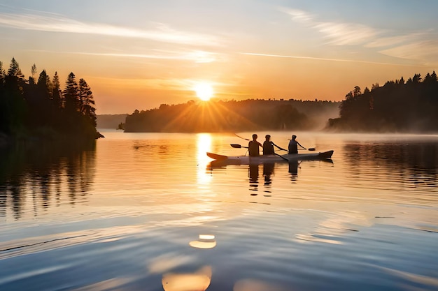 Duas pessoas andando de caiaque em um lago ao pôr do sol