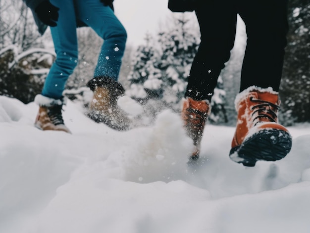 Duas pessoas andando na neve com os pés na neve Imagem IA generativa