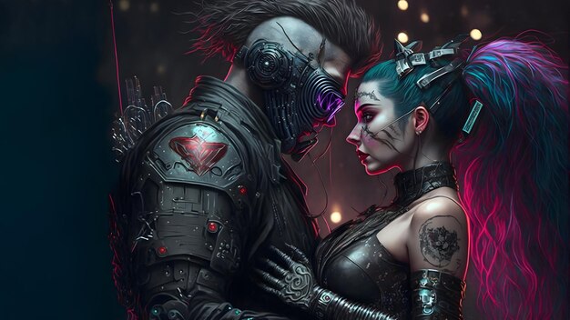 Duas pessoas apaixonadas se abraçando em ambiente escuro, estilo cyberpunk, arte gerada por rede neural