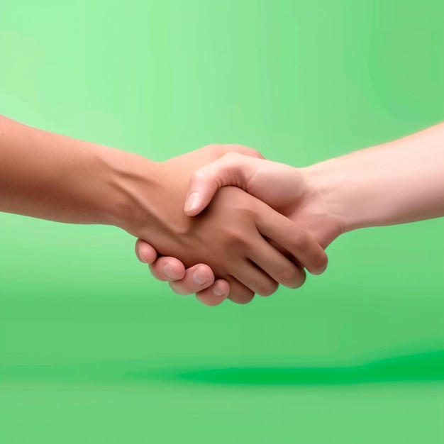duas pessoas apertando as mãos com um fundo verde