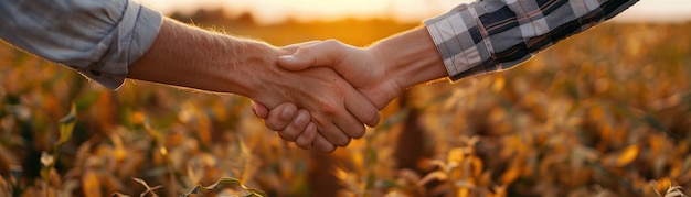Duas pessoas apertando as mãos em um campo de colheita fresca
