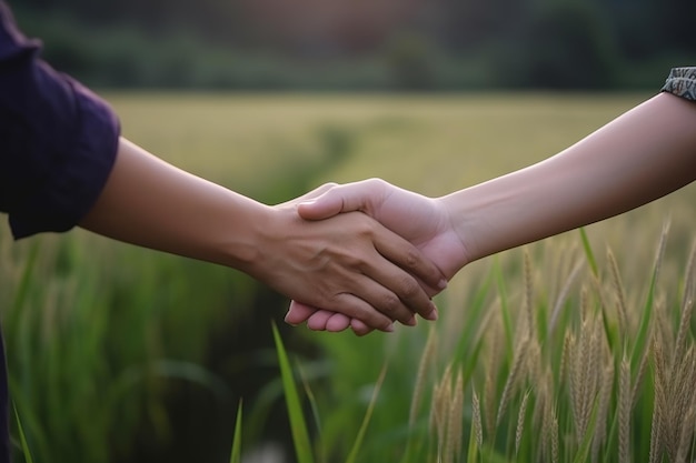 Duas pessoas apertando as mãos em um campo