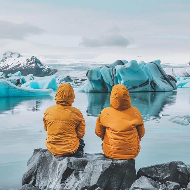 Foto duas pessoas assistindo a icebergs flutuantes na lagoa da geleira de jokulsarlon