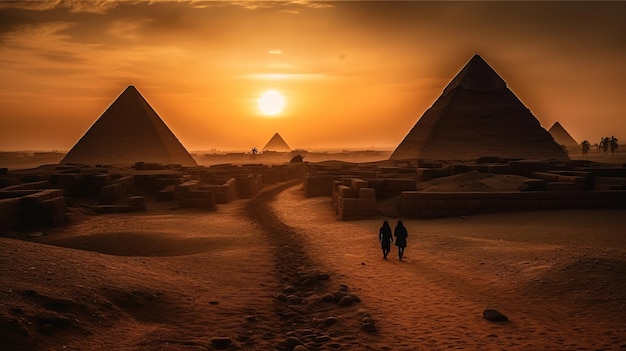 Duas pessoas caminhando em frente às pirâmides ao pôr do sol.