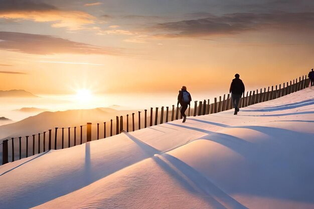 Duas Pessoas Caminhando Num Dia De Inverno Com Neve E Sol Cheio