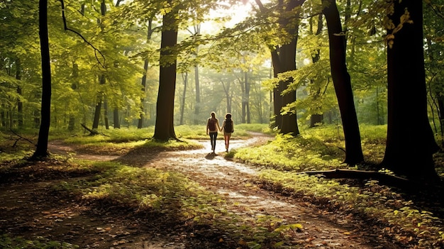 Duas pessoas caminhando em uma floresta, uma das quais é a palavra amor.