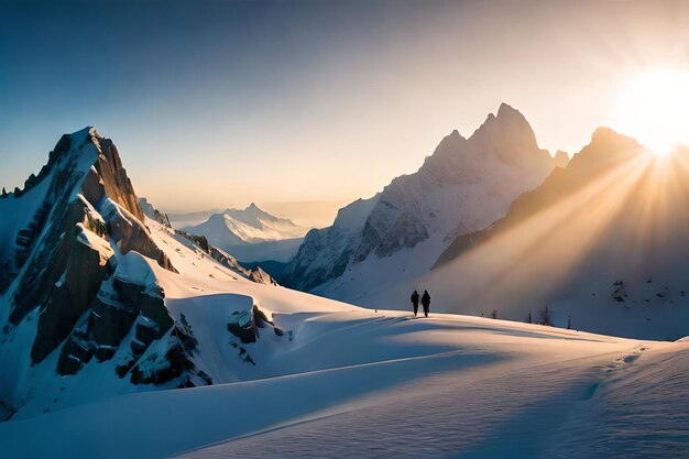 Duas pessoas caminhando em uma montanha de neve com o sol brilhando na neve