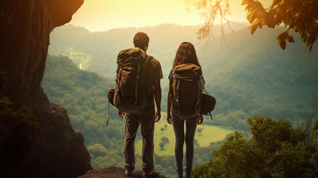 Duas pessoas com mochilas estão em um penhasco olhando para um vale