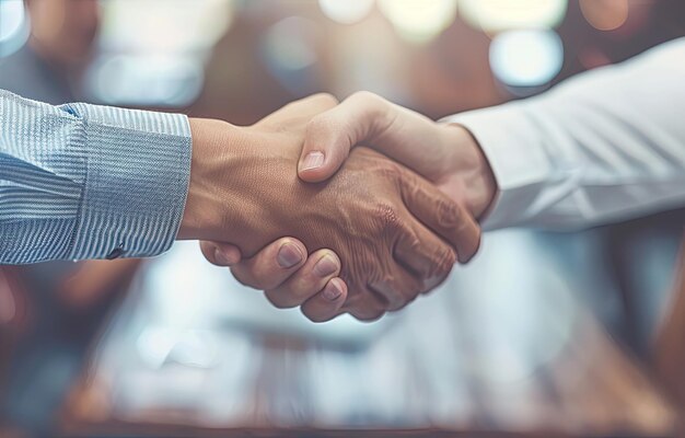 Foto duas pessoas compartilhando um aperto de mão em uma mesa de dedos entrelaçados