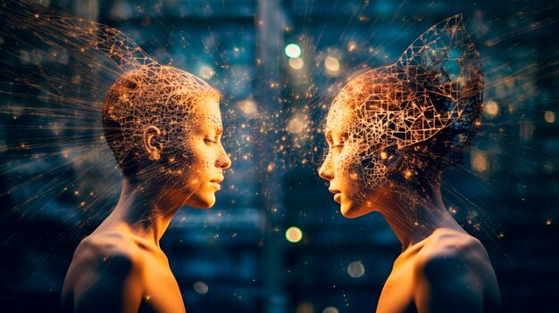 Duas pessoas conectadas espiritualmente discutindo e resolvendo problemas vistos em termos eletromagnéticos e astrais Generative AI