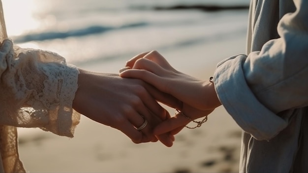 Duas pessoas de mãos dadas na praia