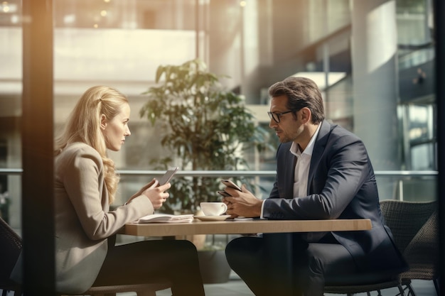 duas pessoas de negócios na mesa falando sobre uma xícara de café