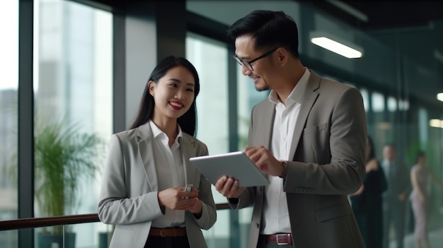 Foto duas pessoas de negócios profissionais felizes equipe mulher asiática e homem latino trabalhadores usando digital