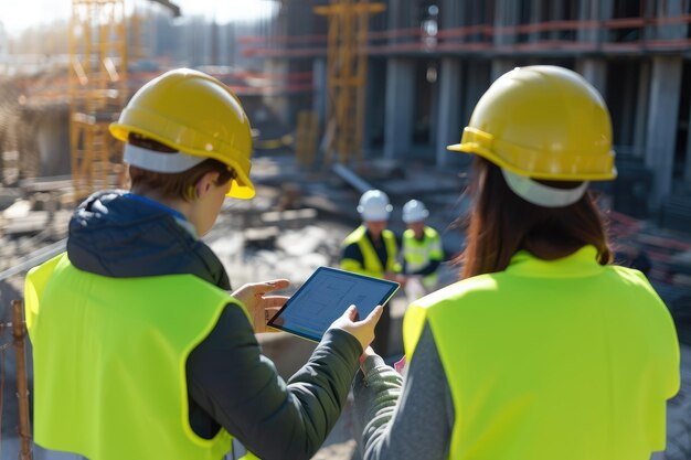 Duas pessoas de pé em frente a um edifício olhando para a câmera Equipe de engenharia no local usando tablets e software de construção em tempo real AI Gerado