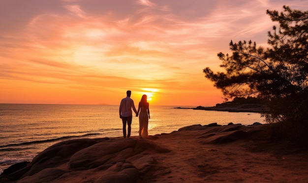 Duas pessoas de pé numa praia ao pôr do sol