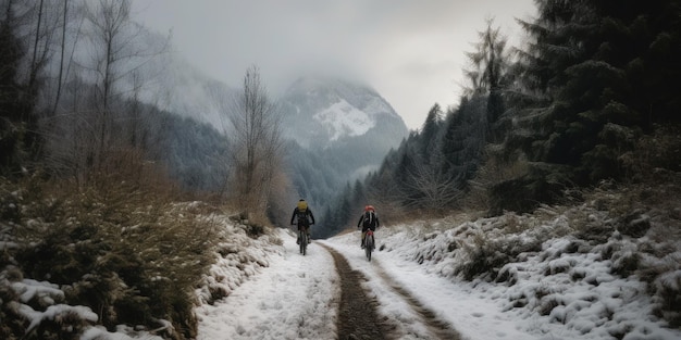 Duas pessoas em bicicletas em uma estrada com neve