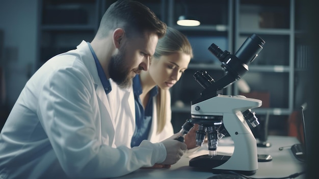 Foto duas pessoas em jalecos olham para um microscópio