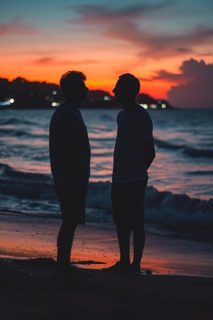 Foto duas pessoas em pé na praia ao pôr do sol