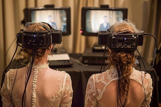 Foto duas pessoas em roupas vintage experimentando a realidade virtual com fones de ouvido em um cenário clássico