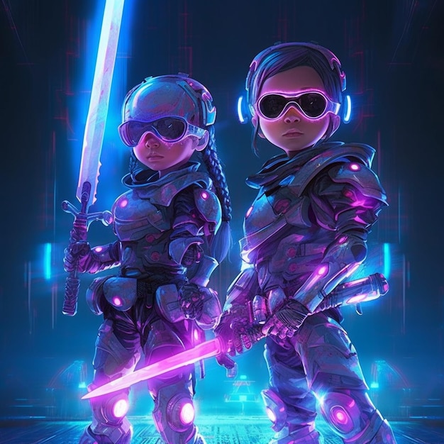 duas pessoas em trajes futuristas segurando espadas na frente de um fundo neon generativo ai