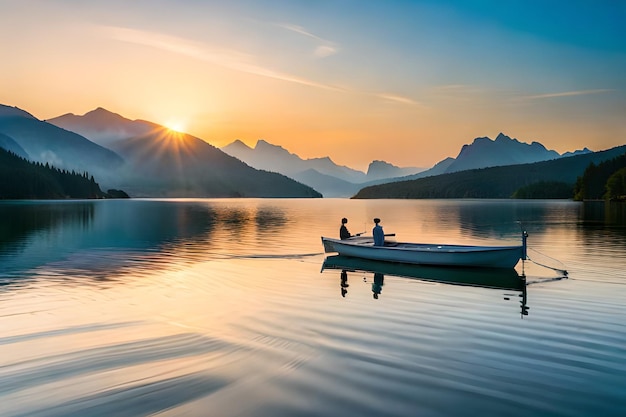 Duas pessoas em um barco em um lago ao pôr do sol