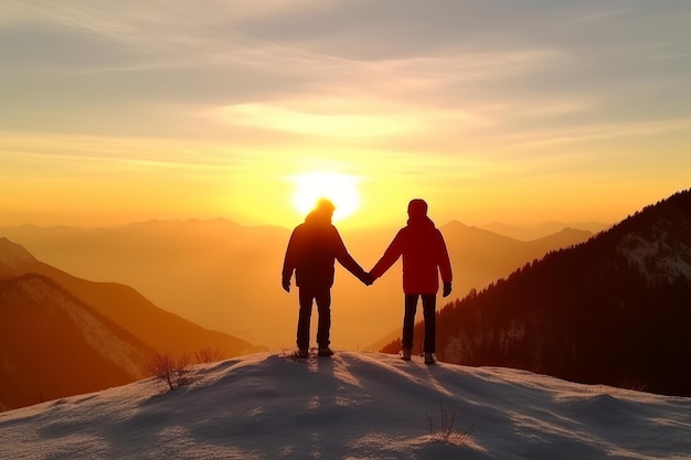 Duas pessoas em uma colina de neve de mãos dadas, olhando o pôr do sol.