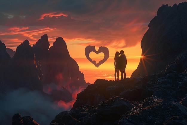 Duas pessoas estão de pé numa montanha com um coração no meio do céu.
