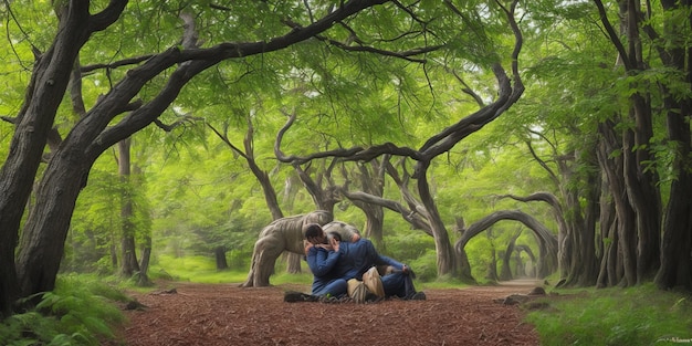Duas pessoas estão sentadas no chão em frente a uma árvore com a palavra "amor" escrita.