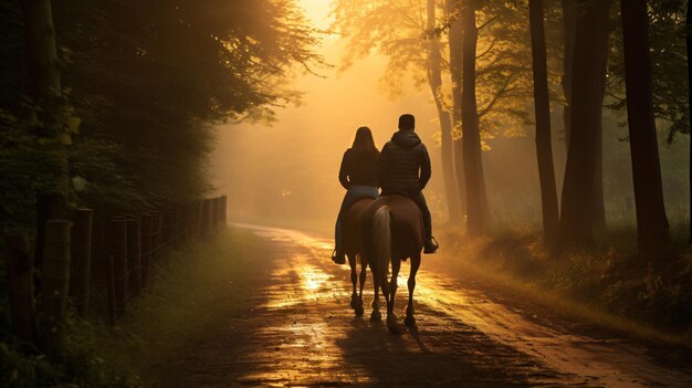 Duas pessoas no parque montando um cavalo em vista de trás da floresta