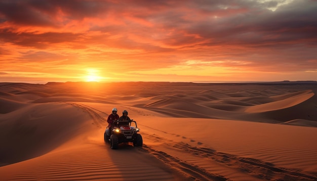 Foto duas pessoas num jipe a conduzir pelo deserto com o sol a pôr-se atrás deles