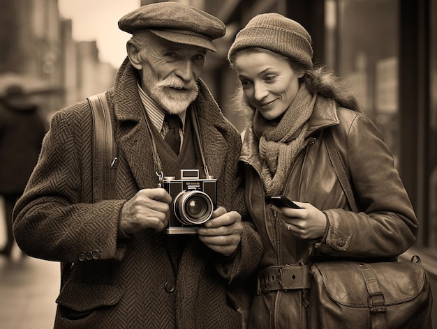 Foto duas pessoas olhando para uma câmera, uma delas usando um chapéu.