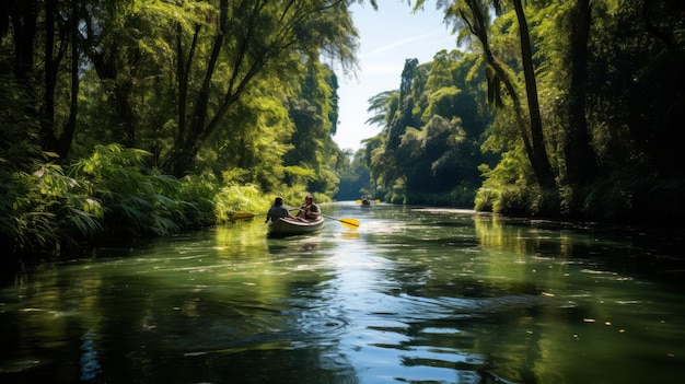 Duas pessoas remam graciosamente em uma canoa ao longo de um rio suave