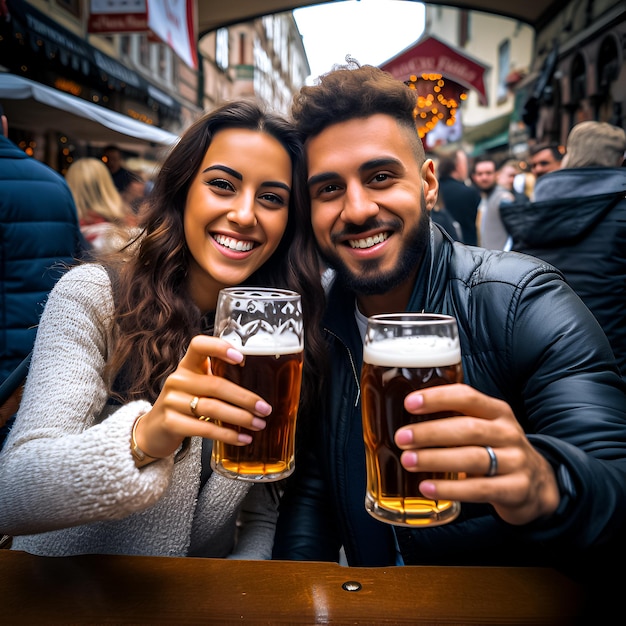 Foto duas pessoas segurando copos de cerveja com a palavra lager.