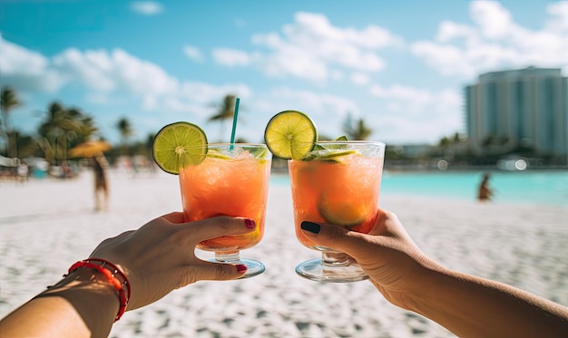 Duas pessoas segurando copos de suco de laranja em uma praia