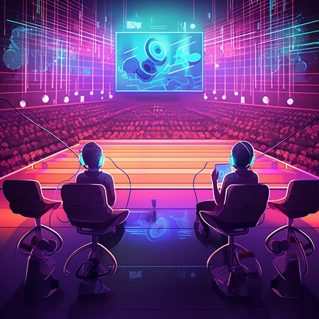 Duas pessoas sentadas em cadeiras assistindo a um videogame em uma tela generativa ai
