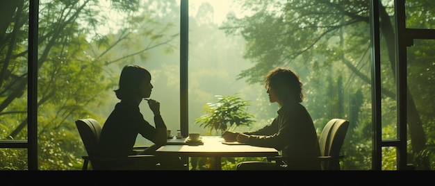 duas pessoas sentadas em uma mesa em frente a uma janela
