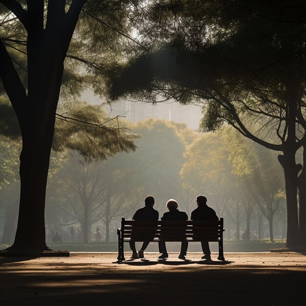 duas pessoas sentadas num banco num parque com o sol a brilhar entre as árvores.