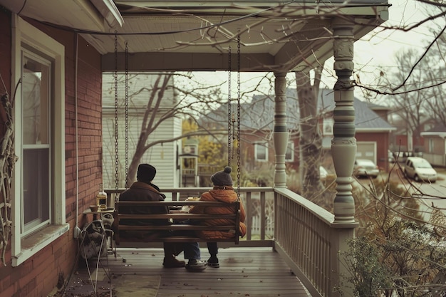 Foto duas pessoas sentadas num banco numa varanda