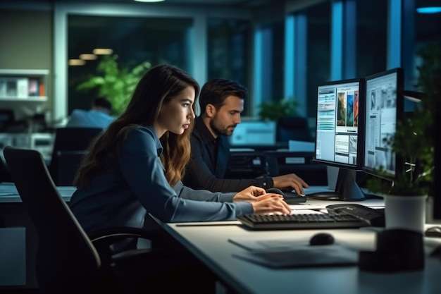 Duas pessoas trabalhando em um computador em um escritório escuro, uma delas está usando um computador.