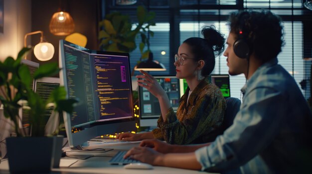 Foto duas pessoas trabalhando em uma mesa com monitores de computador