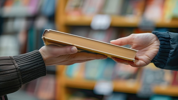 Duas pessoas trocando um foco de livro em mãos contra um pano de fundo de estante desfocado