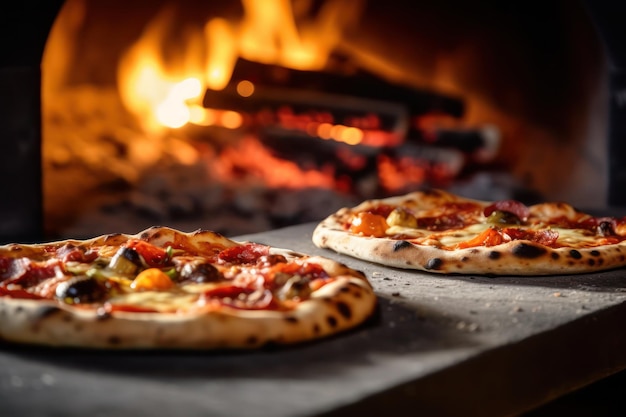 Duas pizzas estão sentadas na frente de um forno a lenha