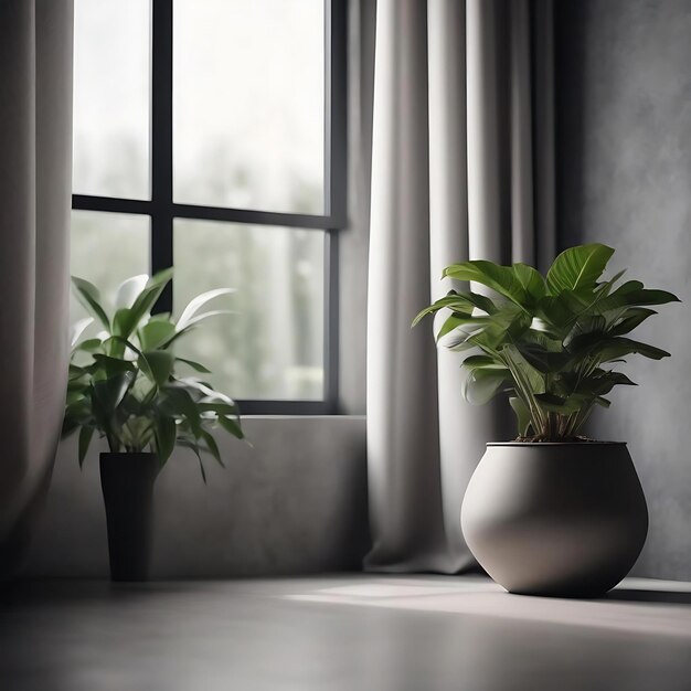 Foto duas plantas em vaso sentadas na frente de uma janela com uma cortina que diz em vaso